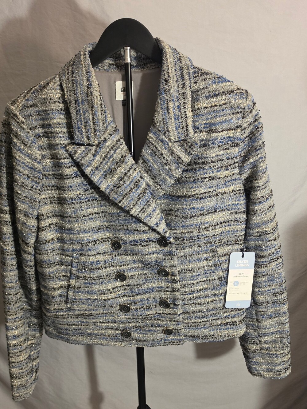 CAbi Double-Breasted Tweed Blazer in Blue and Gray